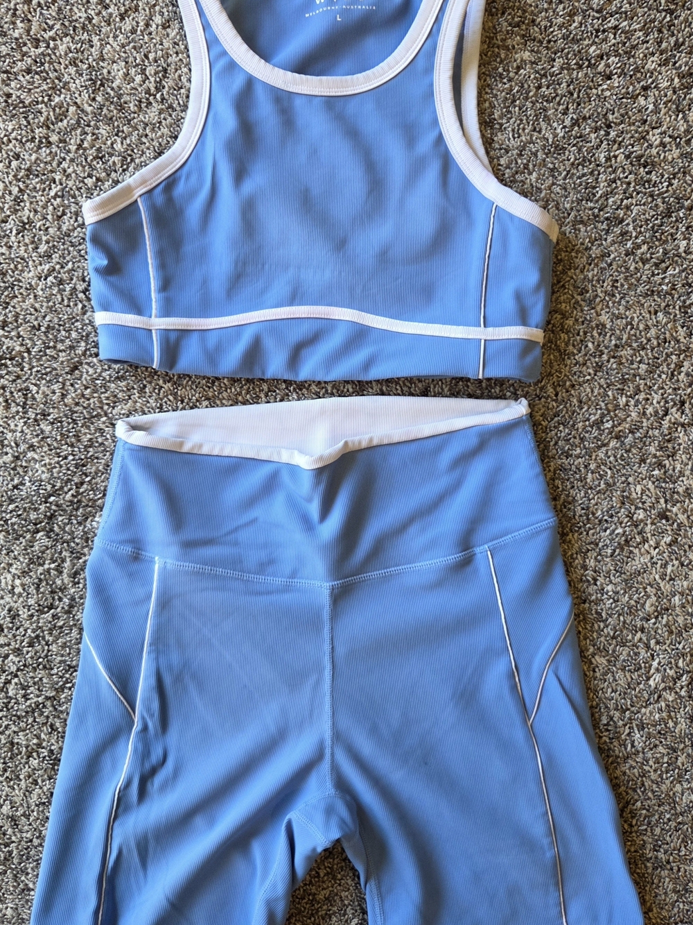 High-Waist Blue Bike Shorts with White Trim & Matching Top— Athletic Fit